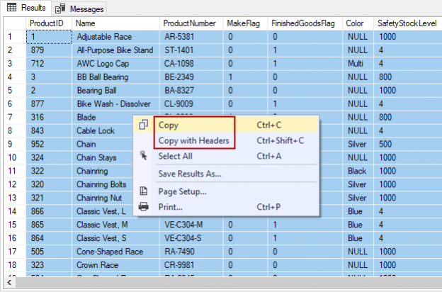 SSMS save results with headers right-click context menu options from the results grid