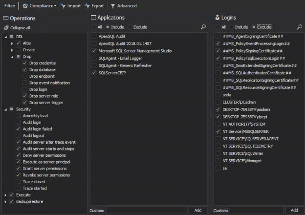 SQL Server auditing - Configuration screen in ApexSQL Audit