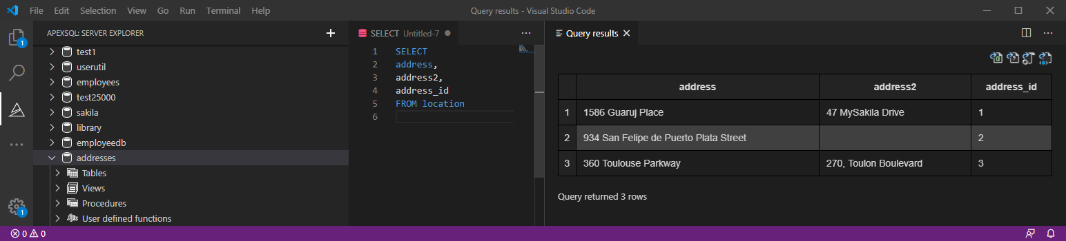 ApexSQL Database Power Tools for VS Code Query results grid
