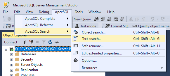 Text search command from ApexSQL main menu